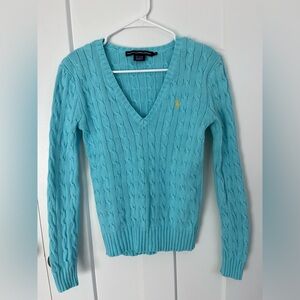 Ralph Lauren Sport Womens Cable Knit V-Neck Sweater Blue Cotton Size M Old Money